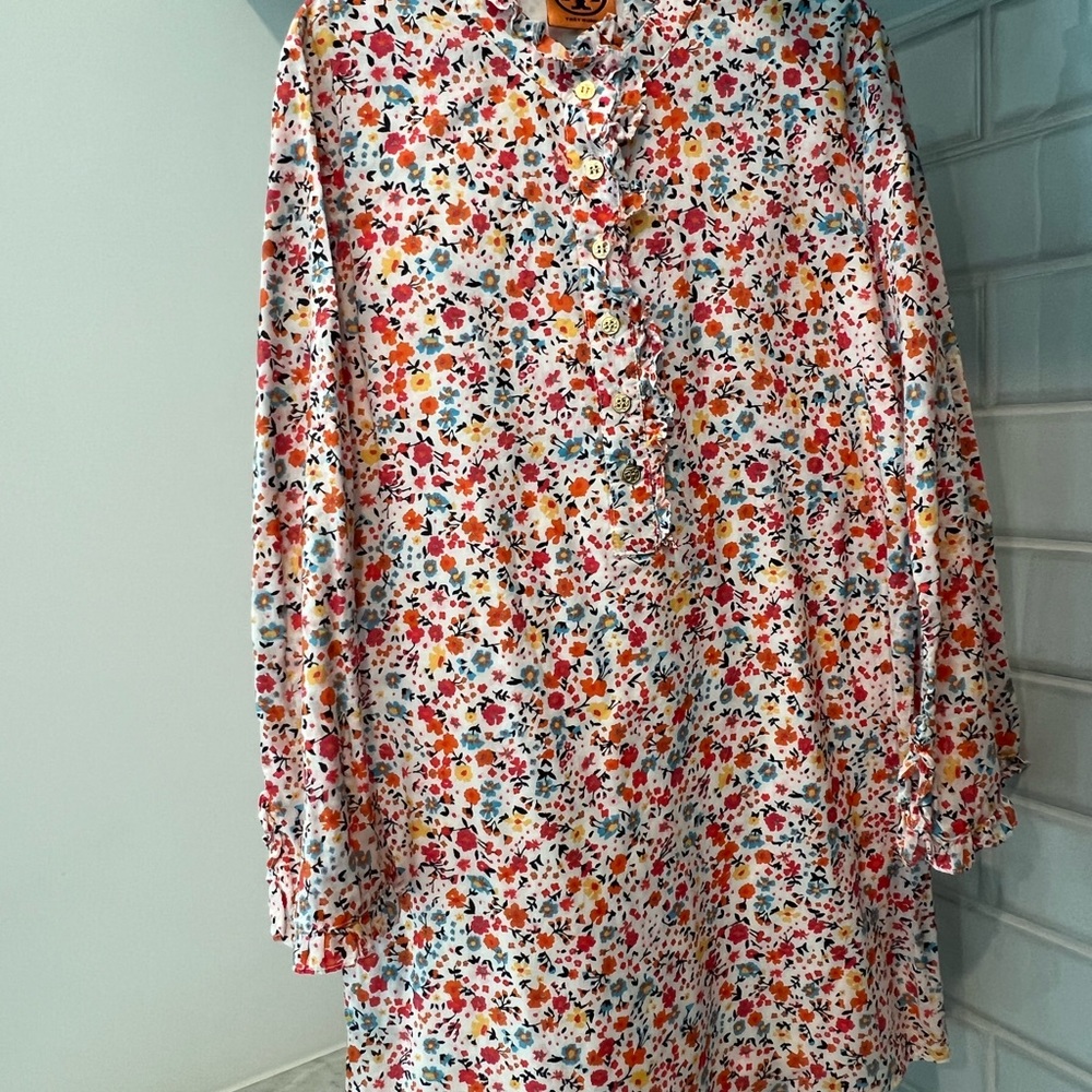 Tory Burch Girls Floral Print Dress in White with Red, Orange & Blue Accents